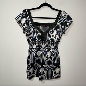 Smart Set women’s Babydoll 90’s Y2K Satin Top Black Blue geometric Print Size S